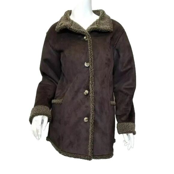 L.L. Bean Jackets & Blazers - LL Bean Faux Suede Brown Shearling Sherpa Coat Lined Coat Women's Petite Large